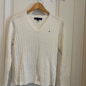 Tommy Hilfiger Women's White V- Neck Cable Knit Sweater